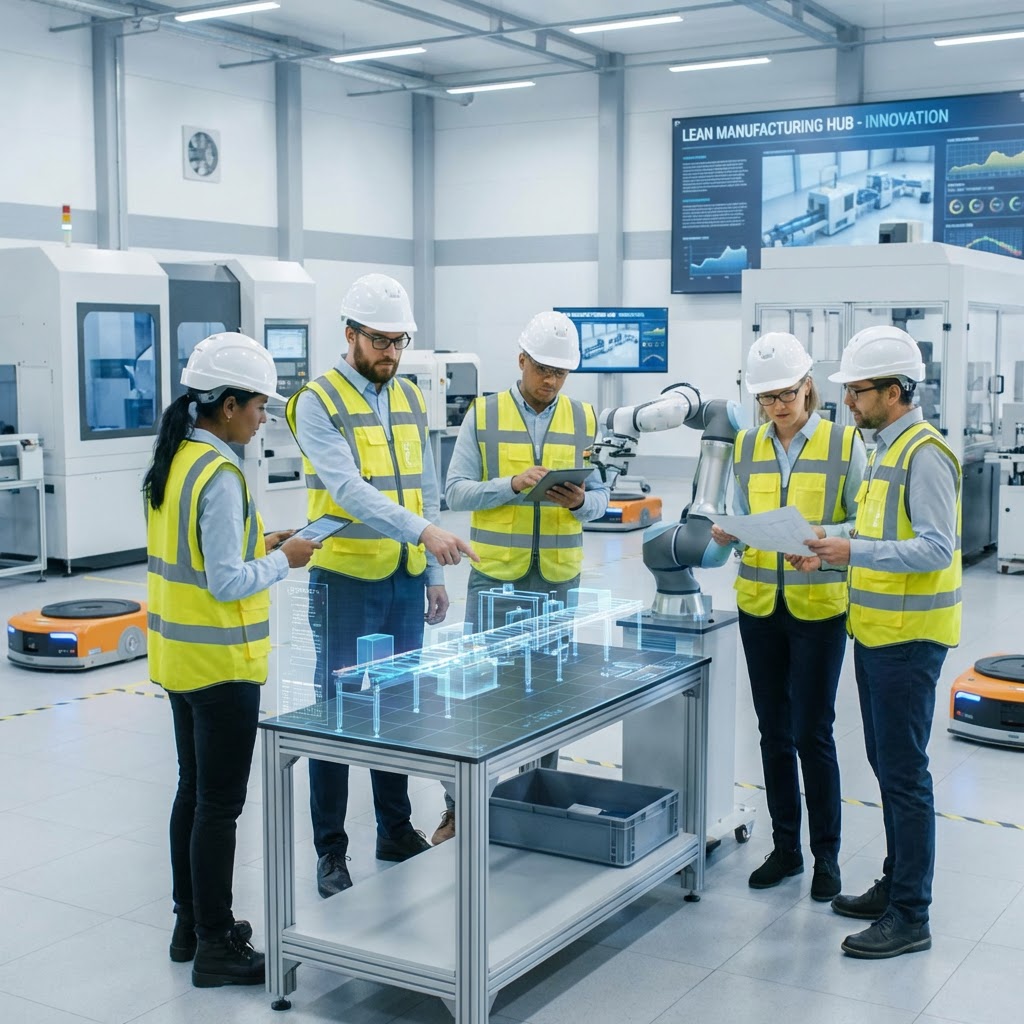 Engineers in safety gear collaborating around a digital holographic 3D model of a manufacturing line.