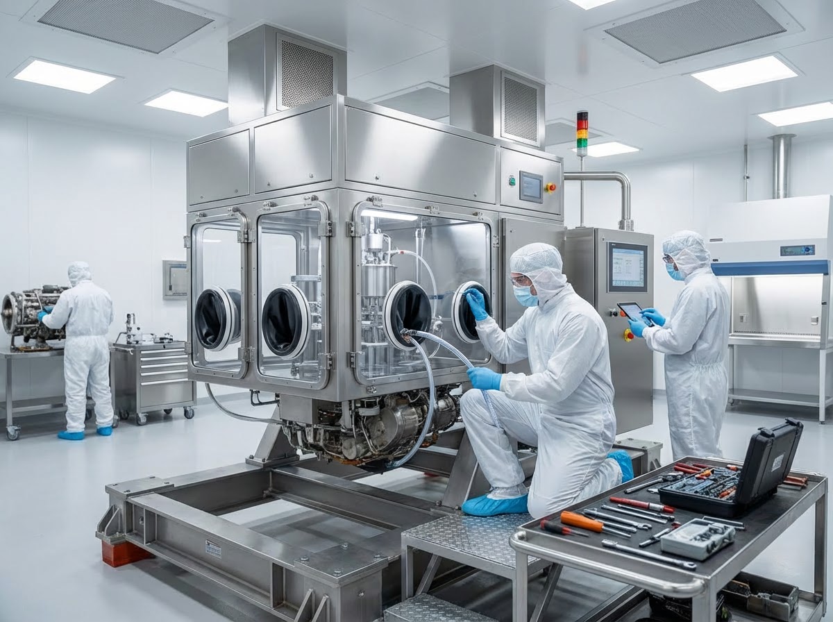 Advanced pharmaceutical manufacturing within a sterile cleanroom Specialists in sterile suits operating and monitoring industrial equipment in a bright cleanroom environment.