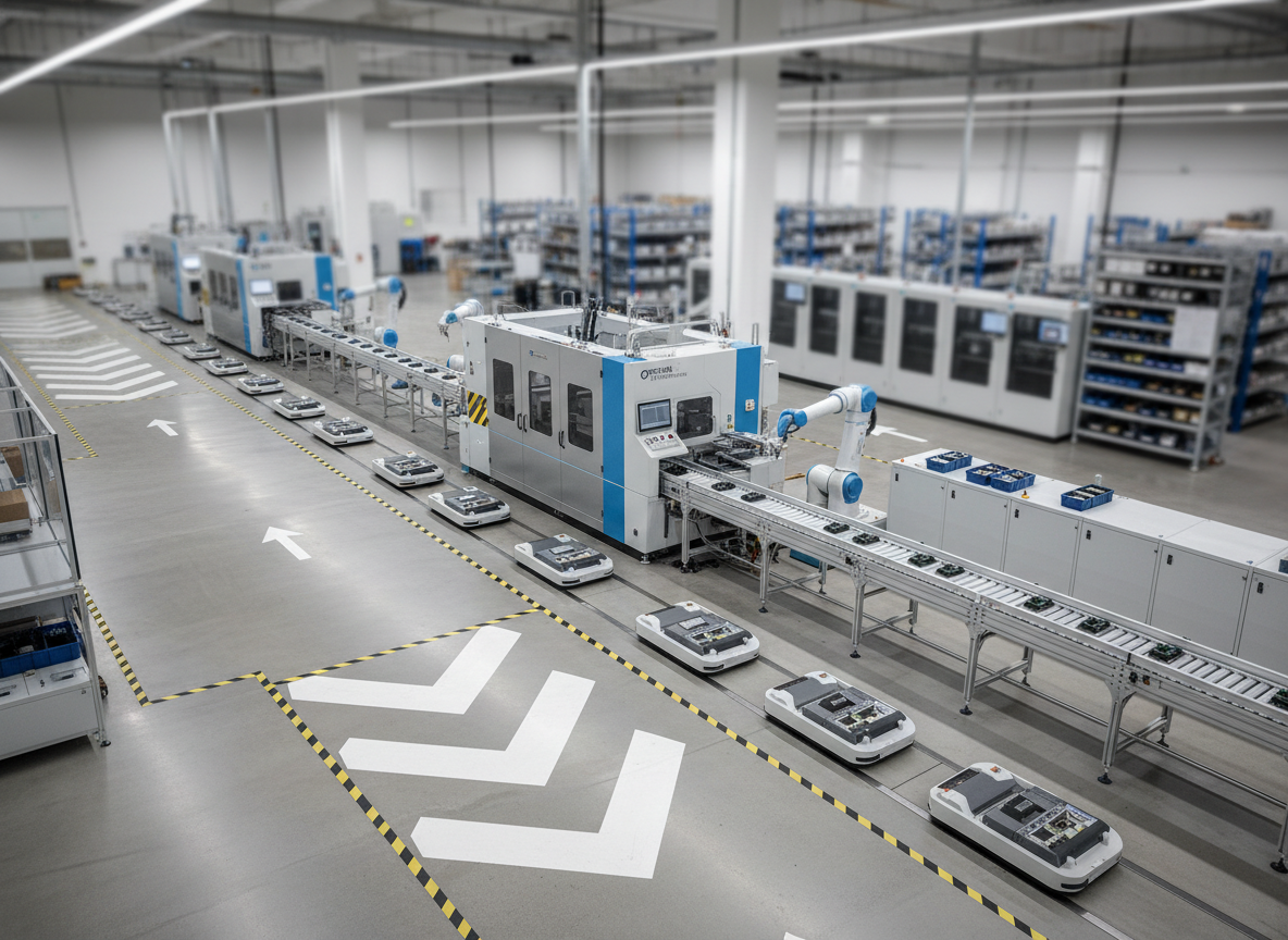 An elevated, photographic overview of a production line in a modern industrial facility, featuring coordinated rows of automated machinery, conveyor systems, and metallic enclosures in cool grays and soft blue accents. The floor is spotless, with clearly defined pathways and safety markings forming geometric patterns that guide the eye through the scene. Large overhead LED fixtures provide bright, even, neutral-toned illumination, eliminating harsh contrasts while creating subtle highlights on smooth metal and painted surfaces. The composition follows the rule of thirds, with the main conveyor line leading diagonally into the distance, suggesting efficiency and continuous operation. Background details, slightly softened with gentle depth of field, include neatly arranged storage racks and control cabinets. The overall mood is structured, efficient, and corporate, emphasizing organized engineering and operational services in a clean, modern photographic style.