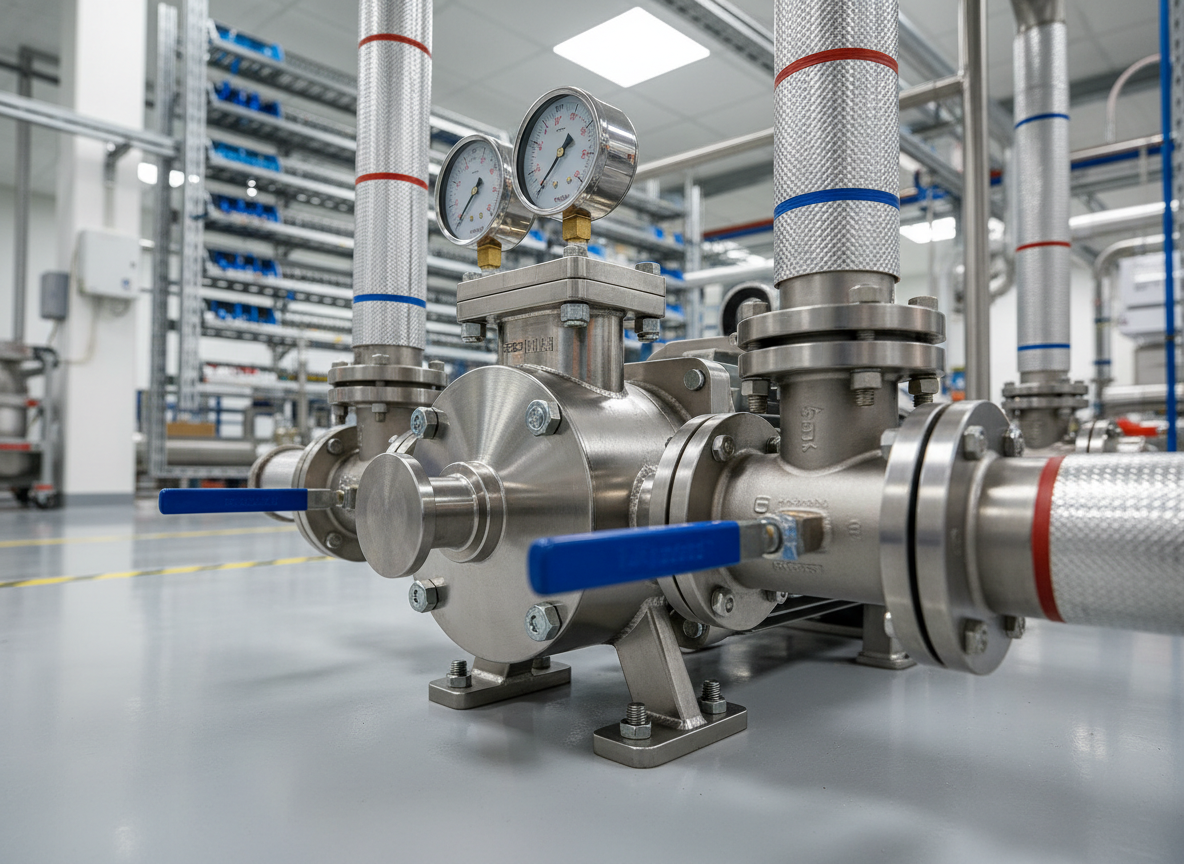 A close, detailed photographic scene of a stainless-steel industrial pump assembly mounted on a smooth, light-gray epoxy factory floor, surrounded by neatly labeled valves, pressure gauges, and insulated process piping in muted metallic tones. The components are pristine and recently serviced, with subtle textures of brushed metal, rubber gaskets, and polished fasteners clearly visible. Soft, diffused overhead industrial lighting casts gentle, controlled shadows that define each part without creating clutter. The background shows a slightly blurred array of additional equipment, organized cable trays, and safety-marked walkways, reinforcing a sense of order and operational discipline. Captured from a slightly low, three-quarter angle with a moderate depth of field, the composition highlights the pump as the central subject, creating a professional, corporate, and technically focused atmosphere in a clean, realistic photographic aesthetic.